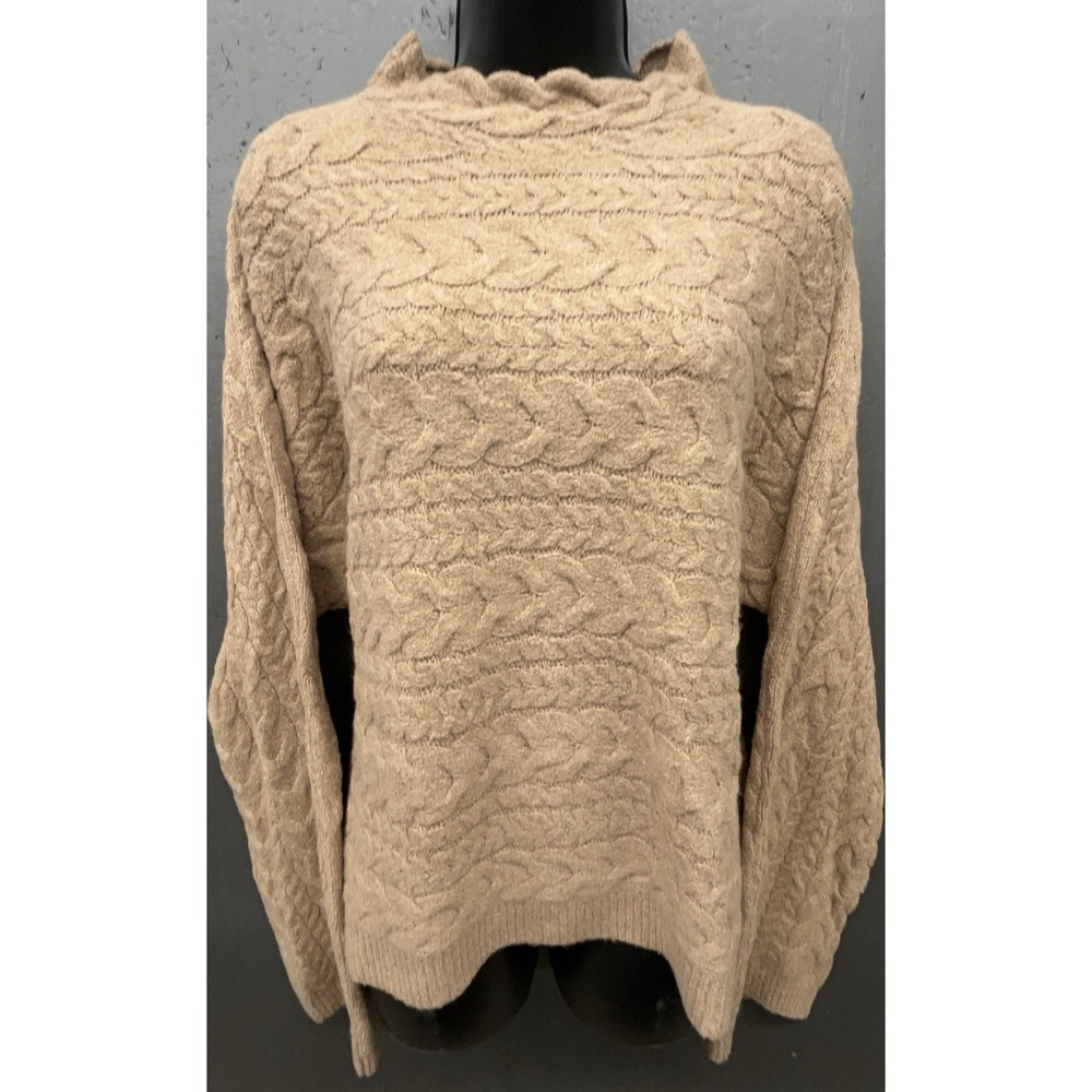 Lands End Sweater Women L Camel Brown Cotton Wool Cable Knit Minimalist‎ Classic